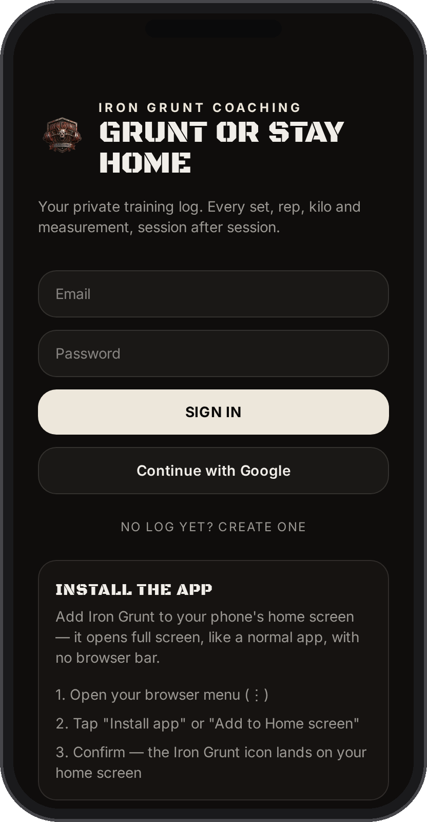 Iron Grunt Coaching app sign-in screen shown on a smartphone